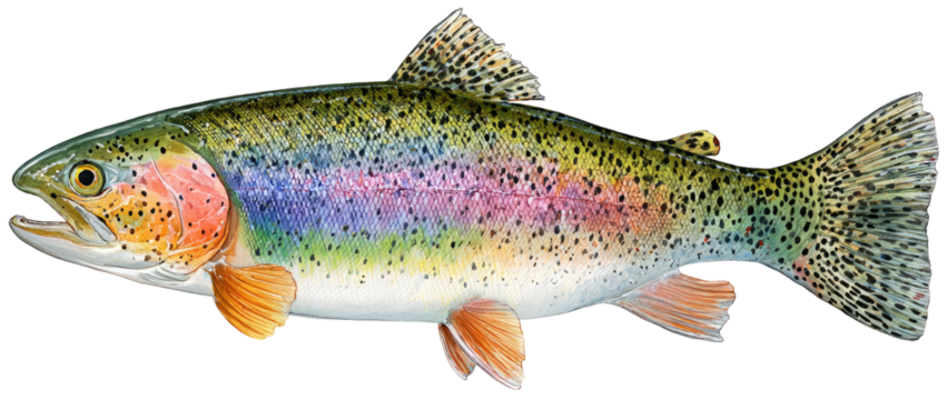 A vibrant, detailed illustration of a rainbow trout swimming
