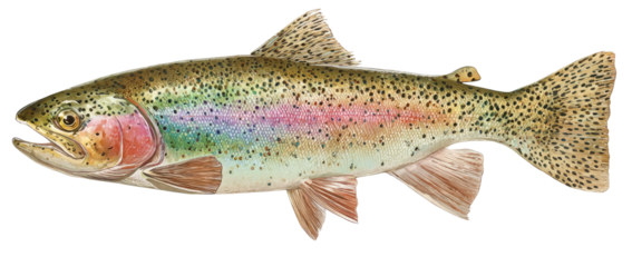 Watercolor illustration of a rainbow trout with vibrant colors and black speckles