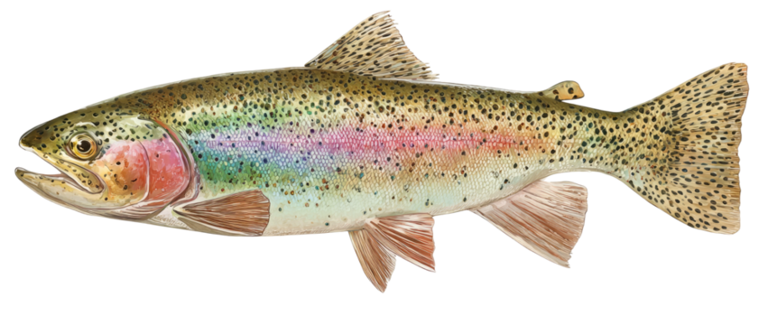 Watercolor illustration of a rainbow trout with vibrant colors and black speckles