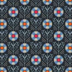 Stylized Floral Daisy Motif with Swirling Stems