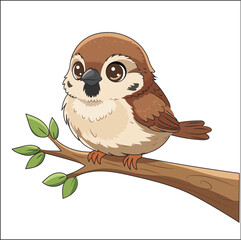 Cute Little Bird on Branch Illustration