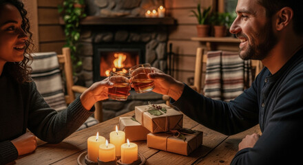Happy couple toasting drinks by a cozy fireplace in a rustic cabin, celebrating a special occasion with gifts.