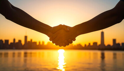 Handshake Silhouette: Two individuals reaching an agreement against the backdrop of a radiant setting sun, symbolizing a partnership, cooperation, and successful business deal.