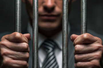 Man wearing business suit holding tightly to metal prison bars symbolizing confinement and restriction in professional life or legal consequences