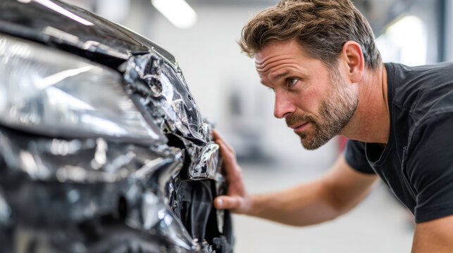 Focused professional mechanic carefully inspecting significant front-end damage on a vehicle in a well-lit garage workshop environment