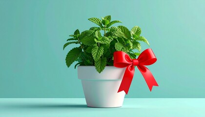 A vibrant green plant in a white pot decorated with a red ribbon tied into a bow, placed against a plain light gray-blue background. The composition emphasizes freshness, contrast, and decorative char