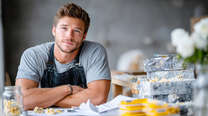 Young male craftsman in apron resting at workbench in bright workshop, arms crossed on table with tools and handmade stone pieces. Small creative business, handmade production and work life balance.