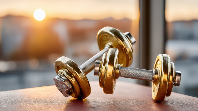 A pair of adjustable dumbbells placed on a gym bench with a sunrise view through a window in the background.