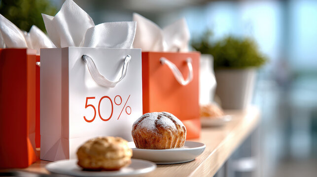 Discount shopping bag with pastries on a shelf offering significant savings inside a well-lit store aisle - Powered by Adobe