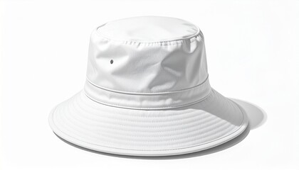 A white bucket hat with a wide downward-sloping brim and cylindrical crown, featuring a small black eyelet on the side. Set against a plain white background with a sleek, modern appearance.