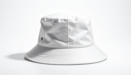 A white bucket hat with a wide downward-sloping brim and cylindrical crown, featuring a small black eyelet on the side. Set against a plain white background with a sleek, modern appearance.