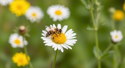 Obraz premium A bee diligently collects pollen from a vibrant white daisy in a sunny meadow.