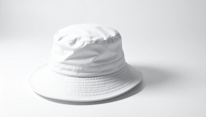 A white bucket hat with a wide downward-sloping brim and cylindrical crown, featuring a small black eyelet on the side. Set against a plain white background with a sleek, modern appearance.
