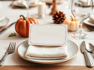 Festive fall dinner table setting with blank card and pumpkins