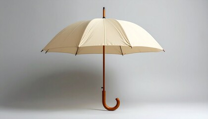 An open beige umbrella with a curved wooden handle and shaft, standing upright on a white surface against a light gray background. Symmetrical and minimalist design with soft lighting.