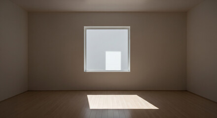 An empty, well-lit room with a single, large square window on a white wall. A single, strong ray of sunlight casts a sharp, geometric shadow across the polished light wooden floor. Space, light, archi