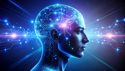 Digital human head with circuit board and neon lights against a dark background with glowing lines and dots.