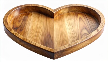 A polished heart-shaped wooden tray with visible grain patterns and raised edges, placed on a matching wooden plank surface. Warm, rustic composition emphasizing craftsmanship and natural texture.