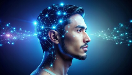 Close-up profile of a young man with short hair and glowing blue neural network connections on his face against a dark background with a futuristic and technological mood.