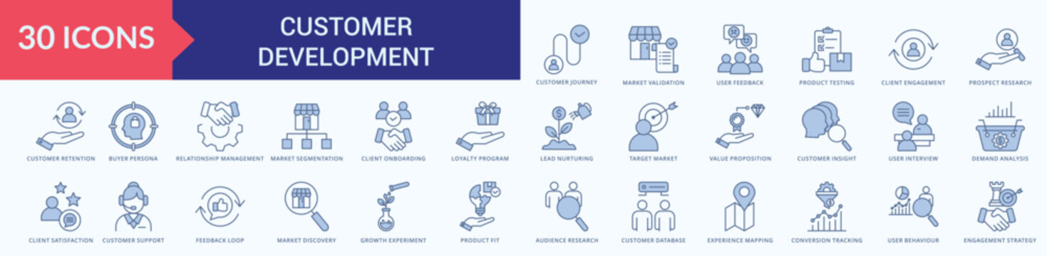 Customer Development  Icon Pack Blue Style Illustration Vector