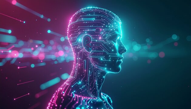 Digital human head in profile with neon pink and blue circuitry lines and dots on a dark background with glowing rays.