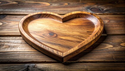 A polished heart-shaped wooden tray with visible grain patterns and raised edges, placed on a matching wooden plank surface. Warm, rustic composition emphasizing craftsmanship and natural texture.