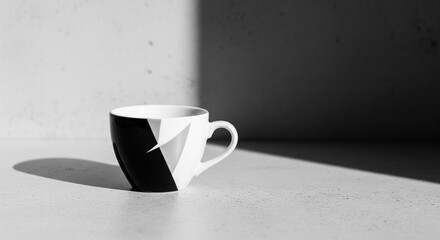  sleek, black-and-white minimalist coffee cup with a subtle geometric pattern, casting a crisp shadow on a plain, textured concrete surface. The composition uses negative space to highlight the cup's 