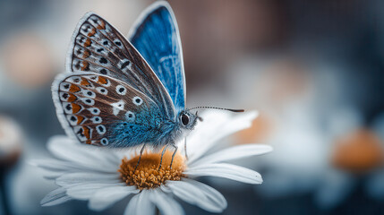 Obraz premium Vibrant blue butterfly feeding on white daisy petals with intricate wing patterns captured in soft natural light and blurred background effects
