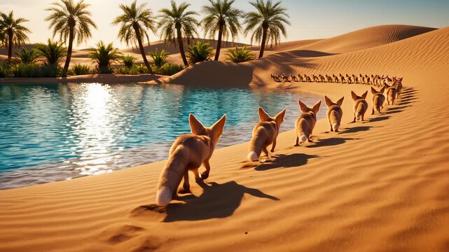 Fennec Foxes Walking in Desert Oasis Environment Formation View