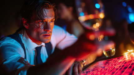 Young man at casino bingo table with drink in hand during night game. Gambling addiction and alcohol abuse in bright club environment.