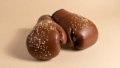 A pair of brown boxing gloves placed side by side on a light beige background, covered with white sesame seeds to resemble hamburger buns. Playful visual pun blending sports and food elements.