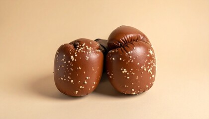 A pair of brown boxing gloves placed side by side on a light beige background, covered with white sesame seeds to resemble hamburger buns. Playful visual pun blending sports and food elements.