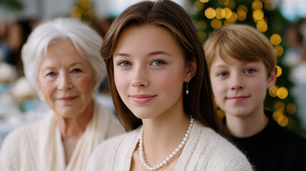 Family of three generations at home near Christmas tree with Christmas lights. Mother, son and grandmother posing for winter holiday family photo.