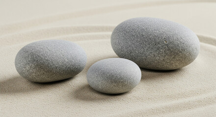 Abstract composition of three smooth, grey river stones of varying sizes, artfully arranged on a clean, light beige sand surface. The space around them is vast, emphasizing their form and texture. Zen