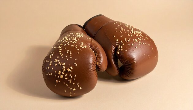 A pair of brown boxing gloves placed side by side on a light beige background, covered with white sesame seeds to resemble hamburger buns. Playful visual pun blending sports and food elements.