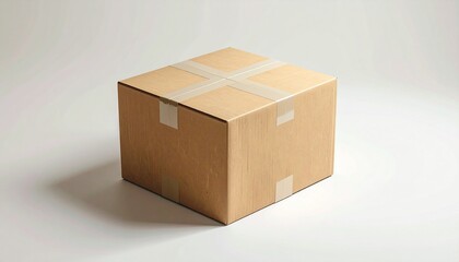 A closed cardboard box sealed with white tape forming a cross on the top and additional strips on the sides. Placed on a light-colored surface with a neutral background and soft shadows emphasizing it