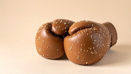 A pair of brown boxing gloves placed side by side on a light beige background, covered with white sesame seeds to resemble hamburger buns. Playful visual pun blending sports and food elements.