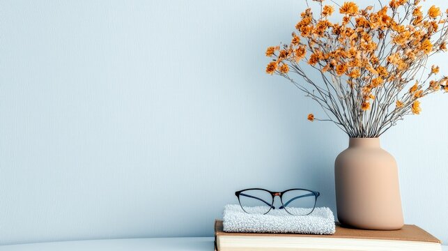 A still life arrangement featuring a vase of dried orange flowers, eyeglasses, a folded towel, and books on a surface.