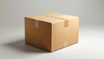 A closed cardboard box sealed with white tape forming a cross on the top and additional strips on the sides. Placed on a light-colored surface with a neutral background and soft shadows emphasizing it