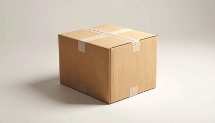 A closed cardboard box sealed with white tape forming a cross on the top and additional strips on the sides. Placed on a light-colored surface with a neutral background and soft shadows emphasizing it