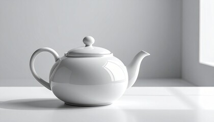 A white ceramic teapot with a rounded body, curved spout, circular top handle, and a knobbed lid. Set on a clean white surface with a minimalist background, emphasizing its glossy finish and elegant f