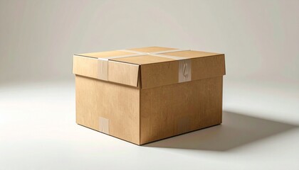 A closed cardboard box sealed with white tape forming a cross on the top and additional strips on the sides. Placed on a light-colored surface with a neutral background and soft shadows emphasizing it