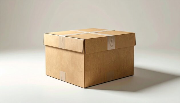 A closed cardboard box sealed with white tape forming a cross on the top and additional strips on the sides. Placed on a light-colored surface with a neutral background and soft shadows emphasizing it