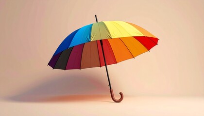 An open umbrella with a curved wooden handle, resting upright on its tip. The canopy features multicolored panels arranged in a gradient from cool blues and greens to warm reds and oranges, set agains