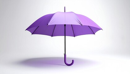 A vibrant purple umbrella suspended mid-air with its canopy fully open and curved handle pointing downward. Set against a plain light gray background with soft shadow beneath, emphasizing minimalism a