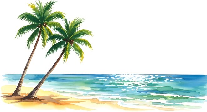 Tropical beach scene with two palm trees leaning over the turquoise ocean water and sandy shore
