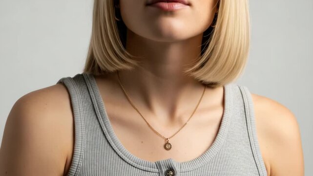 Young adult caucasian female with a blonde bob haircut wearing a delicate gold pendant necklace. Composite image showing changing light for a minimalist beauty or fashion concept