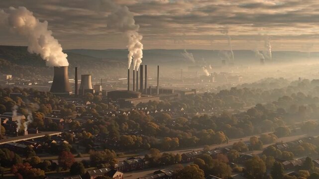 Polluted industrial valley haze covers landscape with factory chimneys emitting smoke over residential area creating dense pollution atmosphere