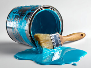 A tipped paint can spilling vibrant blue paint with a wooden-handled brush partially covered in thick paint on a clean white surface