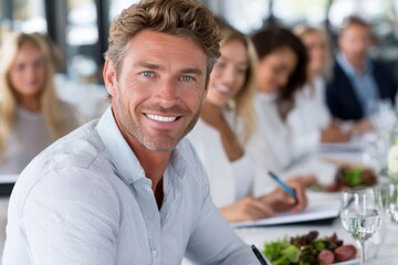 Professionals engaged in a meeting with focus on a smiling man at a dining table